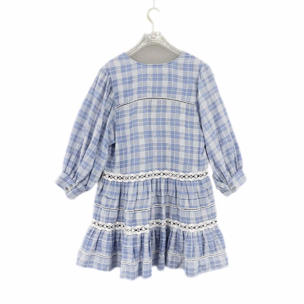 Free People Time Out Plaid Lace Trim 3/4 Sleeve Blue White 100% Cotton Tunic Top - Picture 7 of 10